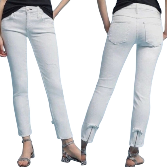 AMO Bow white cropped distressed denim jeans back zip ankle bow W29 L27 Sz 8 - Picture 1 of 11